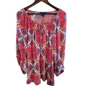 Karen Kane Size 3X Boho Floral Print Blouse Red & Blue Long Sleeve Peasant Style